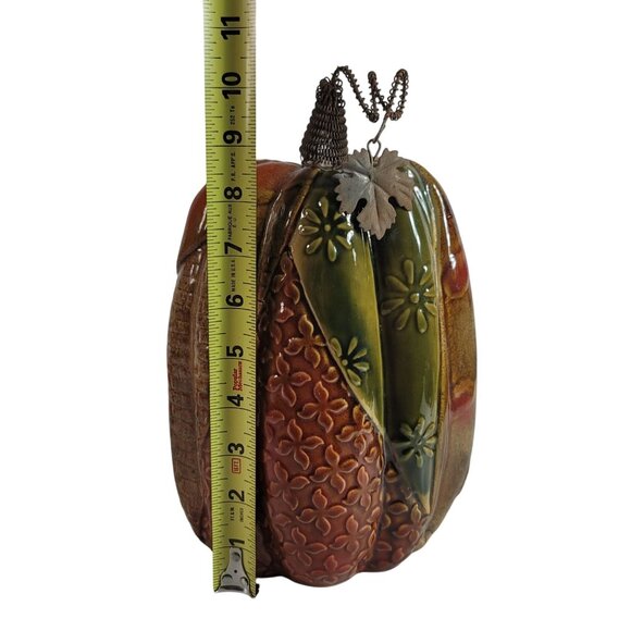 Thanksgiving Pumpkin Decor Brown Green 10.5" Fall Autumn Wire Stem Ceramic Gloss - Picture 8 of 8